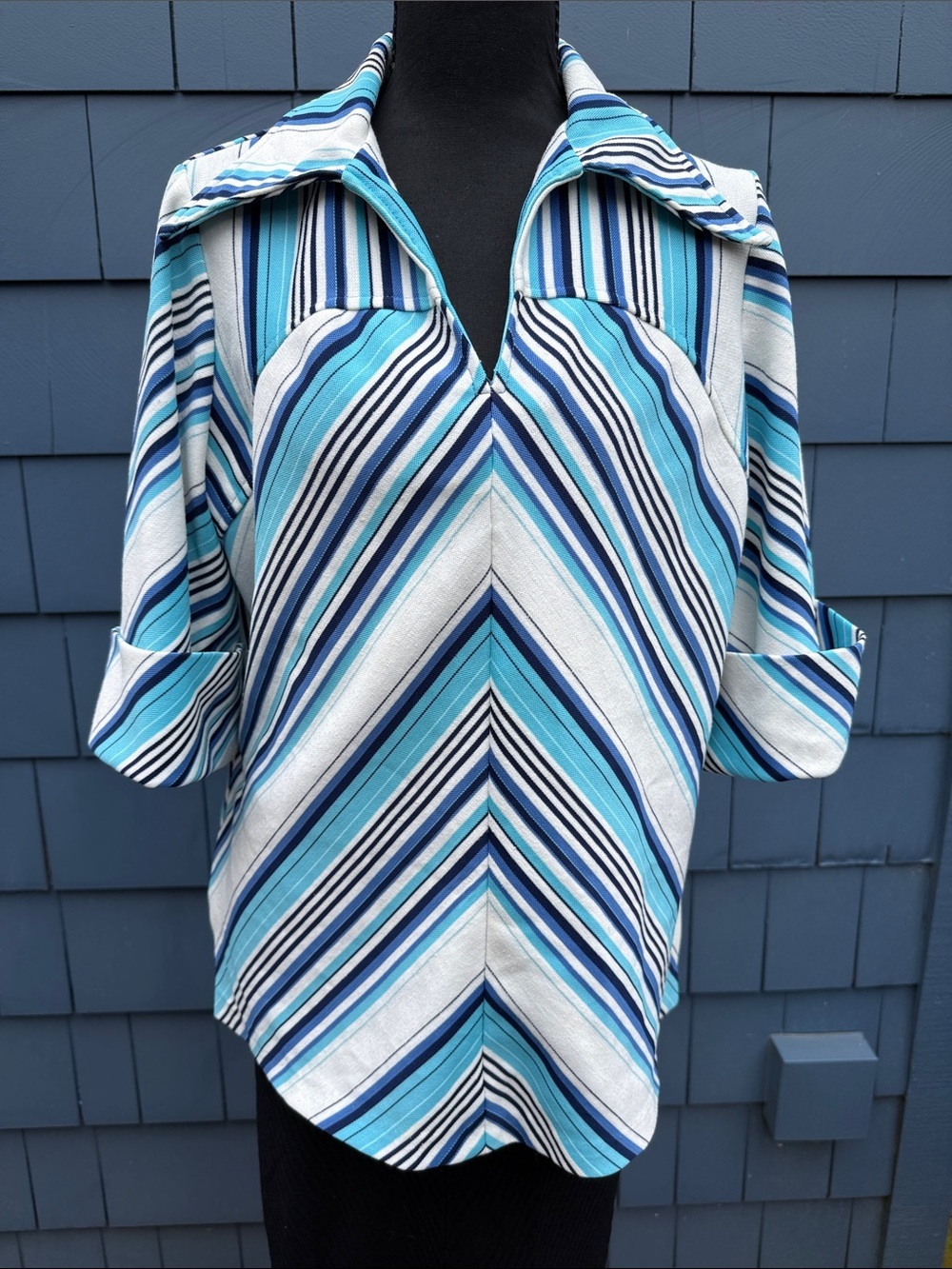 Vintage Blue and White Striped Button Down Shirt John’s Girl medium